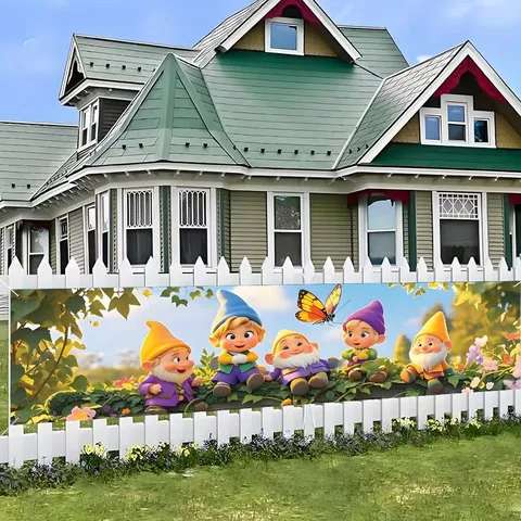Spring Garden Gnomes Theme Banner Butterfly Floral Printed Outdoor Yard Decor Festive Party Fence Hanging Polyester Banner