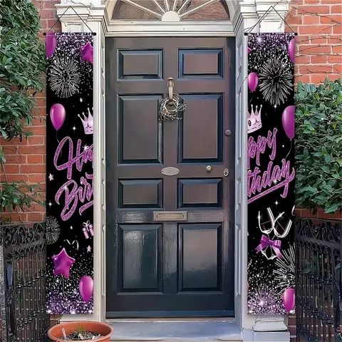 Creative Birthday Party Porch Sign Purple Balloon Crown Pattern Welcome Hanging Door Banner Polyester Courtyard Decor
