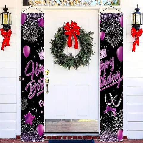 Creative Birthday Party Porch Sign Purple Balloon Crown Pattern Welcome Hanging Door Banner Polyester Courtyard Decor