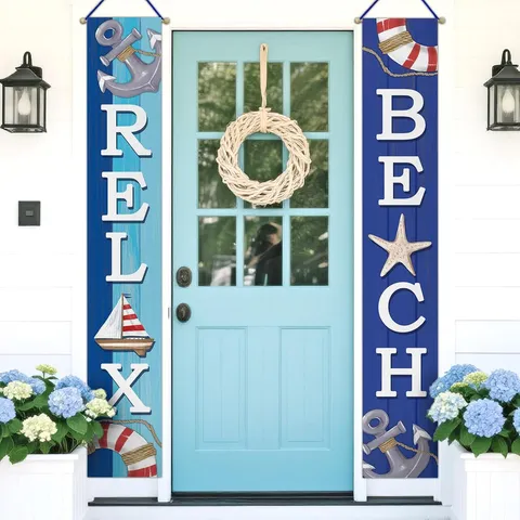 Summer Beach Nautical Porch Sign Banner Nautical Anchor Sailboat Starfish Decorative Hanging Flags Relax Beach Outdoor Banner