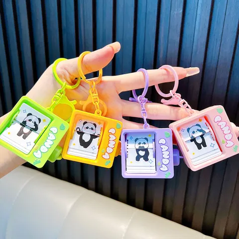 Cute Panda Flip Page Animation Keychain Plastic Bag Pendant Car Key Ring For Students Kids Gift