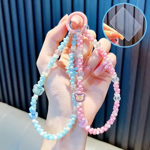 Handmade Cartoon Bear Beaded Phone Strap Cute Bow Keychain Lanyard For Bag Decoration For Women Girls Graduation Gift
