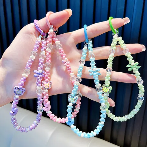 Handmade Cartoon Bear Beaded Phone Strap Cute Bow Keychain Lanyard For Bag Decoration For Women Girls Graduation Gift