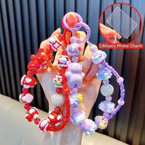 Cartoon Bear Beaded Phone Chain Acrylic Crystal Rhinestone Ball Keychain Bag Charm For Women Girls Gift