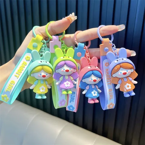 Cute Cartoon Rabbit Girl Keychain PVC Soft Glue Doll Key Ring Floral Dress Bag Pendant For Women Girls Kids Gift