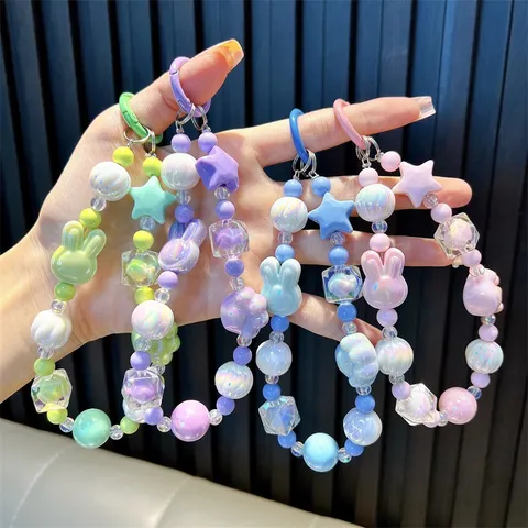 Handmade Bunny Beaded Phone Charm Acrylic Plated Rabbit Star Cat Paw Keychain Strap For Women Girls Accessory Case Decor