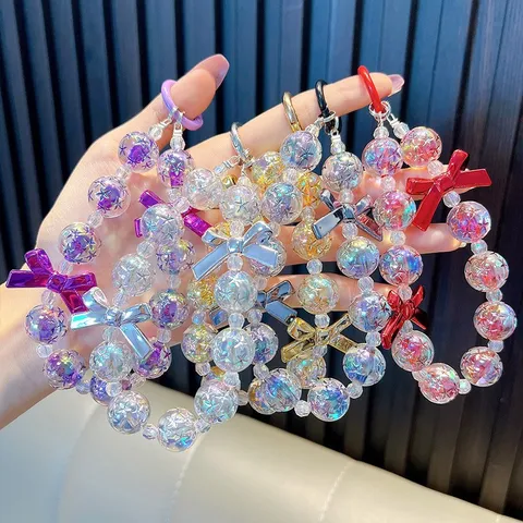 Cute Acrylic Beaded Keychain Clear Star Pattern Crystal Bead Phone Strap Charm Colorful Bowknot Bag Hanging Ornament For Women Girl Keyring Decoration