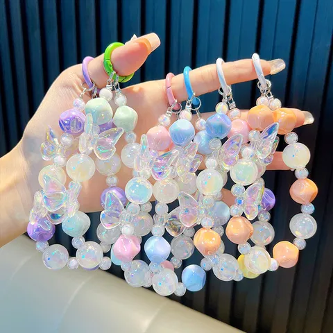 Kristall Schmetterling Perlen Handykette Irisierend Aurora Y2K Stil Handgefertigte Acrylperlen Mobiltelefon Kette Tasche Charm Schlüsselanhänger Zubehör