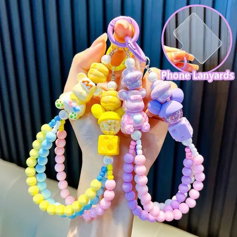 Acryl Kralen Cartoon Beer Sleutelhanger Telefoonkoord Hart Tas Hanger Macaron Kleur Handgemaakte Sleutelring Cadeau Vrouwen