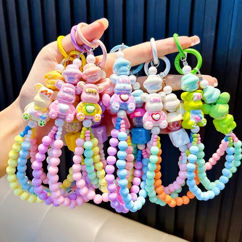 Acryl Kralen Cartoon Beer Sleutelhanger Telefoonkoord Hart Tas Hanger Macaron Kleur Handgemaakte Sleutelring Cadeau Vrouwen