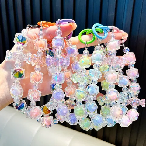 Handmade Beaded Acrylic Candy Phone Charm Keychain Sweet Iridescent Cube Bead Bag Pendant Women Decorative Strap Gift