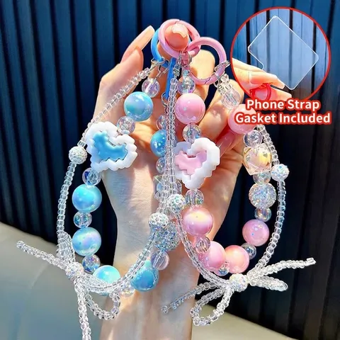 Handmade Beaded Heart Phone Lanyard Y2K Pixel Art Charm Bowknot Keychain For Women Girls Acrylic Bag Hanging Decoration
