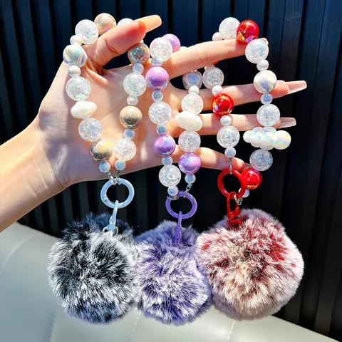 Cadena de Teléfono de Abalorios de Acrílico Con Pompon de Piel Artificial Grande Colgante de Nube Llavero para Bolso Mujeres Niñas