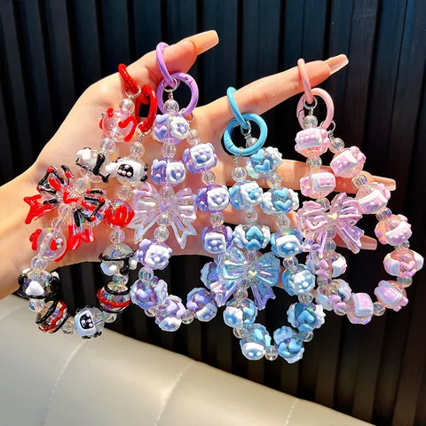 Handgemachte Perlen Schleife Schlüsselanhänger Acryl Kristall Herz Telefon Charme Tasche Anhänger Holografische Perlen Schlüssel Kette Schmuck Für Damen Mädchen