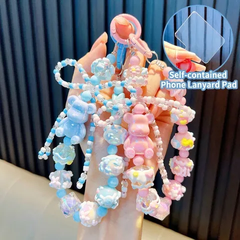 Kawaii Acrylic Resin Beaded Bear Phone Chain Keychain Colorful Flower Bowknot Charm Strap For Bag Phone Decor Gift For Women