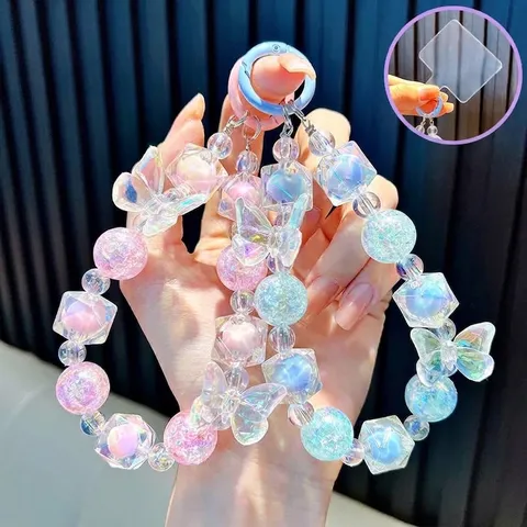 Iridescent Acrylic Beaded Butterfly Phone Lanyard Keychain Handmade Crystal Bead Phone Strap Gift For Women Girls Backpack Decor