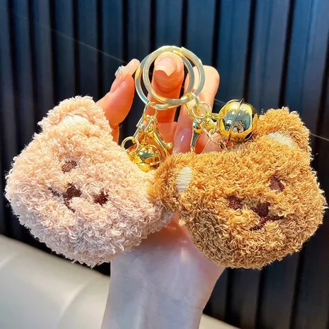 Cute Cartoon Plush Bear Head Keychain Soft Stuffed Animal Bag Pendant Accessory With Gold Bell And Key Ring For Women Kids Gift