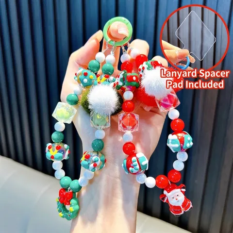 Christmas Beaded Phone Strap Keychain Bag Charm With Plush Ball Santa Claus Snowman Acrylic Beads Handmade Gift For Women