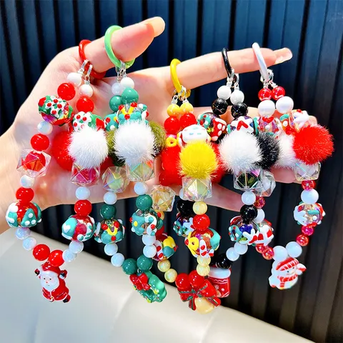 Christmas Beaded Phone Strap Keychain Bag Charm With Plush Ball Santa Claus Snowman Acrylic Beads Handmade Gift For Women