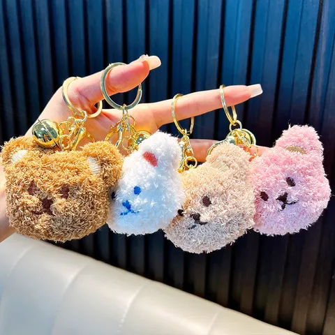 Cute Cartoon Plush Bear Head Keychain Soft Stuffed Animal Bag Pendant Accessory With Gold Bell And Key Ring For Women Kids Gift