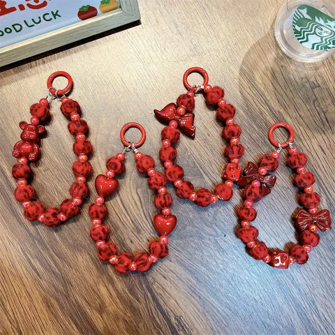 Ancora Rood Perlen Telefoonketting Sleutelhanger Luipaard Pompon Strik Hart Beer Dobbelsteen Tas Hanger Voor Vrouwen Sieraden