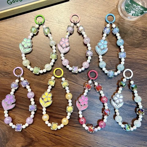 Luminous Flower Beaded Phone Strap Acrylic Cute Key Chain Hanging Ornament For Women Girl Backpack Bag Accessory Gift