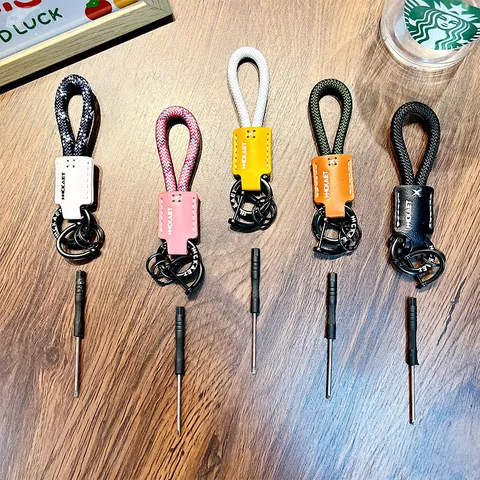 Braided PU Leather Keychain For Men Women Horseshoe Buckle D-Ring Car Keyring Bag Pendant With Mini Screwdriver Tool