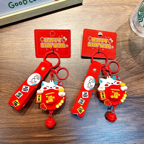 Gelukskat Roterende Sleutelhanger Gelukzak Hanger Met Bel Rood PVC Cartoon Spinner Geluksamulet Cadeau Voor Tas Decoratie