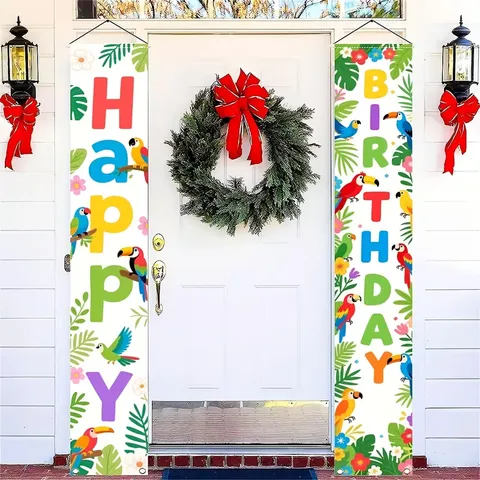 Tropical Parrot Birthday Door Banner Polyester Greenery Monstera Leaves Floral Background Hanging Couplet For Outdoor Indoor Party Decoration