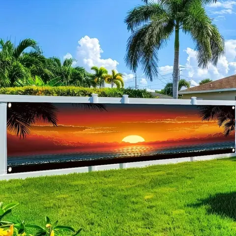 Pancarta de Playa Tropical al Atardecer Paisaje Marítimo Decoración de Valla de Patio Exterior Fondo de Fiesta Temática de Verano