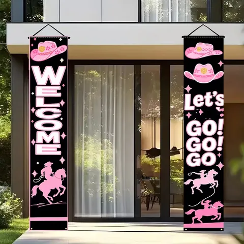 Set di Banner di Benvenuto Rosa Western Cowboy per Festa di Compleanno Cappello da Cowboy Silhouette Equitazione Decorazioni