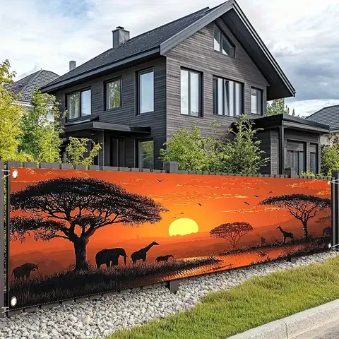 African Savannah Sunset Banner Outdoor Decorative Banner Animal Silhouettes Elephant Giraffe Silhouette Polyester Banner For Garden Fence Party Decoration