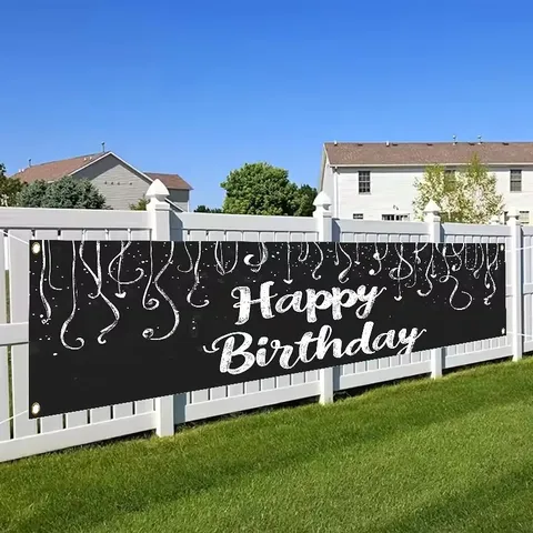 Schwarz Silber Alles Gute Zum Geburtstag Banner Outdoor Hof Dekorationen Große Polyester Geburtstagsparty Hintergrund Mit Metallösen Band Muster Für Garten Party Deko