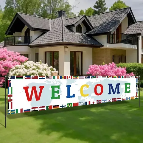 Welcome Banner World Flag Theme Garden Decoration Polyester Fabric Map Pattern Outdoor Hanging Banner For Yard Party Decor