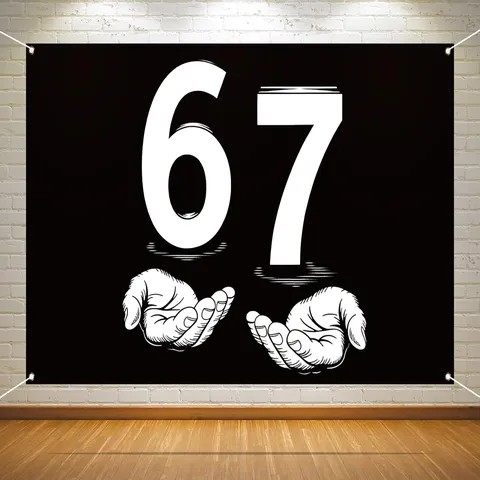 Fond De Photographie Tapisserie Style Bande Dessinée Minimaliste Numéro 67 Mains Imprimé Tissu Polyester Décoration Murale Pour Fête D'Anniversaire