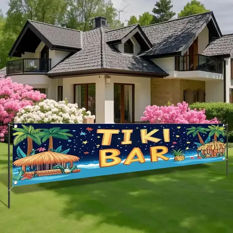 Πανό Πάρτι Tiki Bar Τροπική Διακόσμηση Θέμα Χαβάη Φοίνικας Καλύβα Υπαίθριο Πάρτι Καλοκαιρινό Φόντο Παραλίας