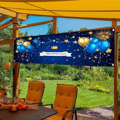 Blue Gold Birthday Decoration Banner Happy Birthday Party Backdrop Outdoor Indoor Hanging Flag Balloon Crown Pattern Polyester Banner