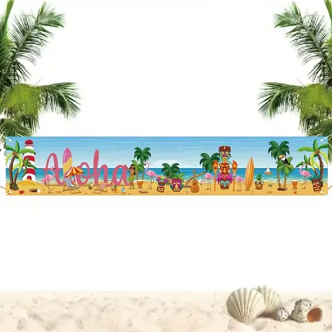 Aloha Hawaiian Beach Party Decoration Banner Flamingo Palm Tree Tiki Mask Tropical Summer Party Backdrop Pongee Material