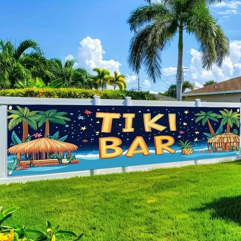 Πανό Πάρτι Tiki Bar Τροπική Διακόσμηση Θέμα Χαβάη Φοίνικας Καλύβα Υπαίθριο Πάρτι Καλοκαιρινό Φόντο Παραλίας