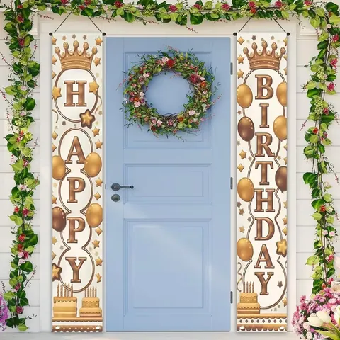 Happy Birthday Porch Sign European Crown Pattern Birthday Party Decoration Hanging Banners Festive Door Couplets For Home Yard