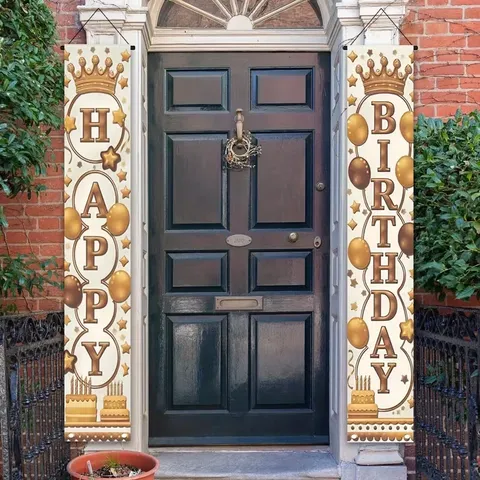 Happy Birthday Porch Sign European Crown Pattern Birthday Party Decoration Hanging Banners Festive Door Couplets For Home Yard
