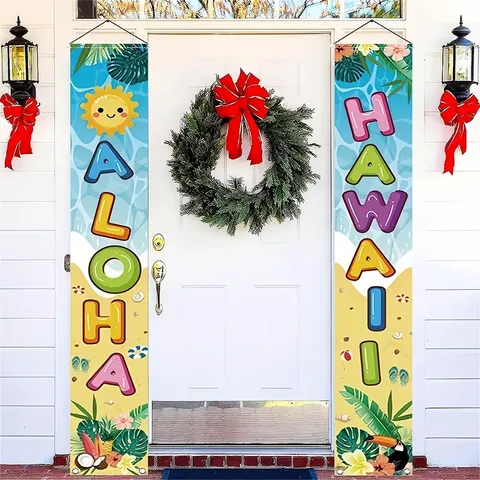 Bannière de Porte Aloha Thème Hawaï Pongee de Polyester Décoration de Fête Tropicale Pour Extérieur Vacances Maison Fête Ornement Suspendu