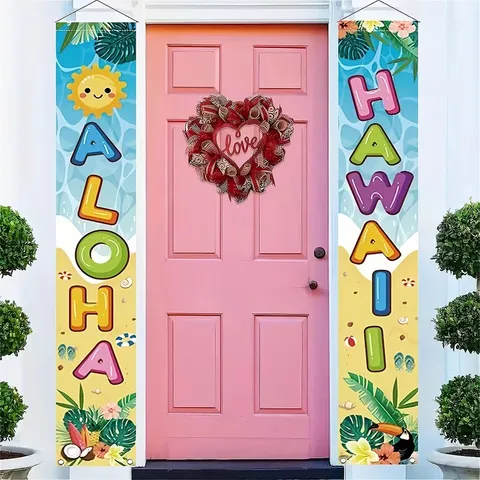 Bannière de Porte Aloha Thème Hawaï Pongee de Polyester Décoration de Fête Tropicale Pour Extérieur Vacances Maison Fête Ornement Suspendu
