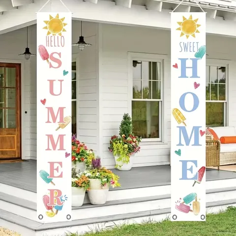 Summer Ice Theme Porch Sign Hello Summer Sweet Home Outdoor Banner Ice Lolly Print Home Porch Decoration Hanging Flag Set