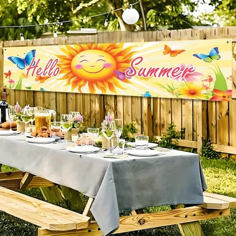 Hello Summer Sun Smile Printed Banner Pongee Outdoor Garden Yard Sign Summer Party Backdrop Hanging Decoration