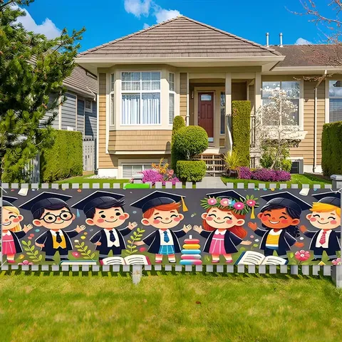 Cartoon Graduation Party Banner Decorative Pongee Polyester Background Flag With Graduation Cap Books Floral Elements Ceremony Decor Sign For School Outdoor Indoor