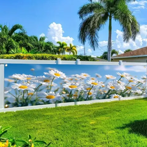 Pancarta de Fiesta de Jardín Exterior con Estampado de Margaritas Tema Primavera de Pongé Poliéster con Ojetes para Valla