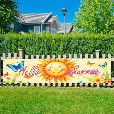 Hello Summer Sun Smile Printed Banner Pongee Outdoor Garden Yard Sign Summer Party Backdrop Hanging Decoration