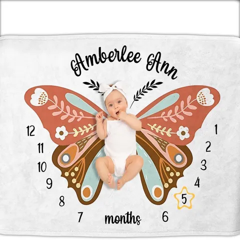 Baby Monthly Milestone Blanket Peach Skin Fabric Butterfly Floral Design Newborn Photography Prop Soft Commemorative Blanket