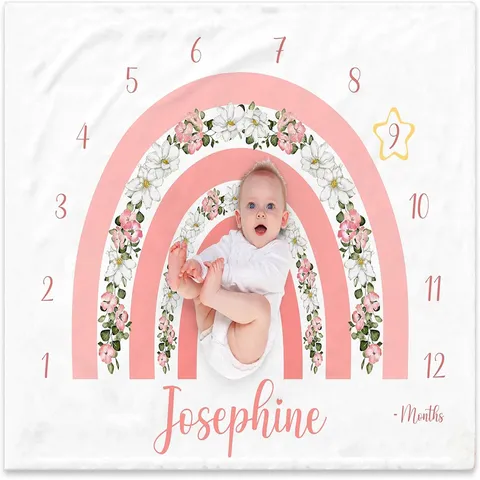 Baby Milestone Blanket Floral Rainbow Monthly Photography Prop Soft Polyester Growth Record Blanket For Newborn Infants Pink